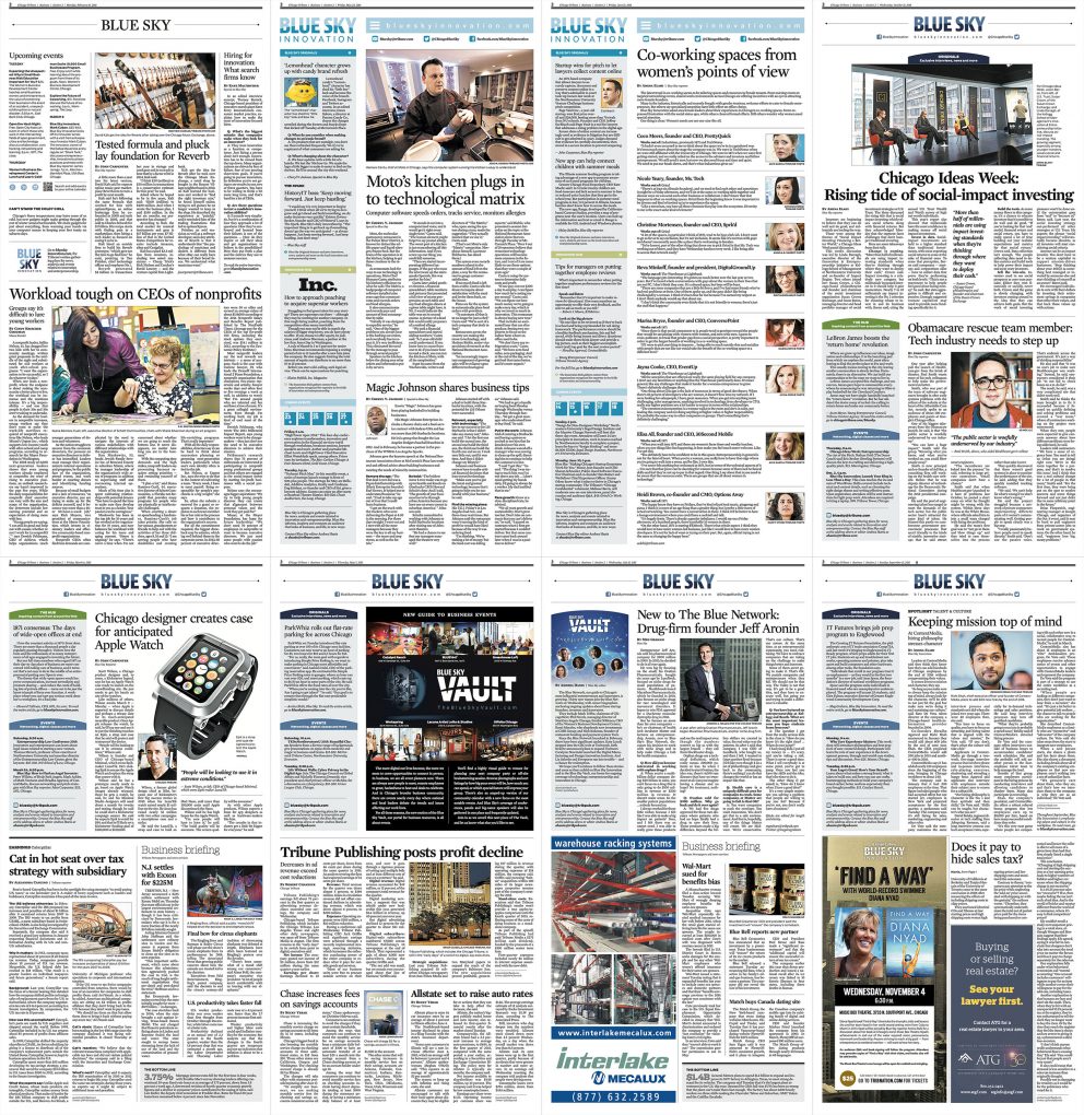 Selections of Blue Sky Innovation in print on page 2 of the Business section in the Chicago Tribune from late 2013 – 2015